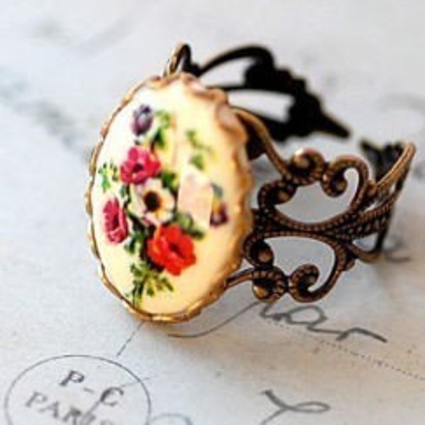 Free Shipping Poppy Vintage  ring cameo Daisy Filigree Adjustable Girly Shabby Chic Country Style English Garden Bronze Bridal Retro