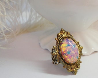 Gothic Glass Opal Cameo Ring,  Antiqued Brass, Victorian Style, Filigree ring, Cocktail Ring, Adjustable, Sturdy, Vintage fire opal Cabochon