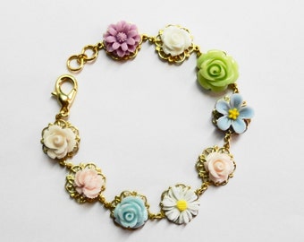 FREE SHIPPING Shabby Chic Blossom Flower  Bracelet Gold Filigree  Summer Shabby Chic Girly weddings