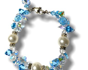 FREE SHIPPING Swarovski Crystal Bracelet- Crystal Clear Blue   Pearls Shabby Chic Girly Bridal Bride Wedding- Somrthing Blue