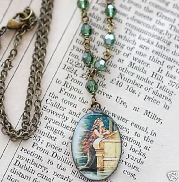 Little Mermaid Cameo With Green Swarovski Crystal Necklace