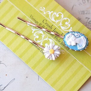 Vintage Cameo Bobby pins Blue Cameo Daisy Barrette Handmade girly Wedding Bridesmaids Sweet Cute Silver Plated