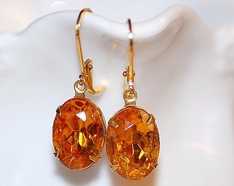 Brincos vintage de cristal alemão topázio âmbar oval clássico propriedade antiga Hollywood casamento noiva ouro