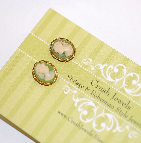 Vintage Olive Earrings Cameo Earrings Studs Posts Green Small