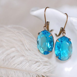 FREE SHIPPING Blue Estate Earrings Aquamarine Large Crystals Oval Weddings Transparent Bridal Old Hollywood Rhinestones Glass Jewels image 1