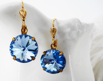 FREE Shipping Light Sapphire Swarovski Ravioli Crystal Earrings Wedding Bridal Bridesmaids Evening day wear