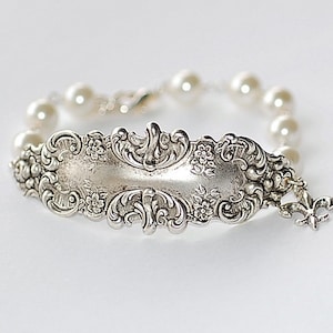 Pulsera francesa de plata adornada con perlas victorianas de París, estilo retro, perlas antiguas de Hollywood, color blanco, para novias.