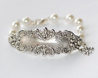 Free Shipping French Bracelette  Silver Ornate Victorian Pearl Paris Retro Old Hollywood Pearls white Bridal