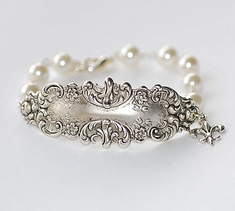 Free Shipping French Bracelette Silver Ornate Victorian Pearl Paris Retro Old Hollywood Pearls white Bridal image 1