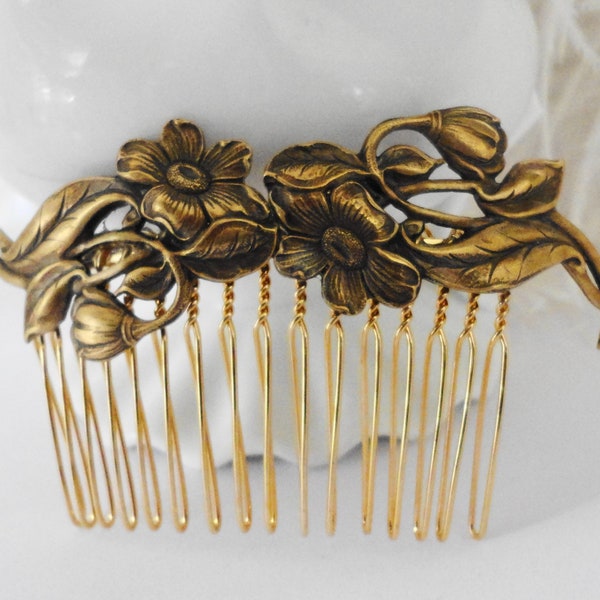 Hair Comb Flowers Antiqued Brass Gold  victorian Old Hollywood Bridal  wedding bride shabby chic romantic feminine