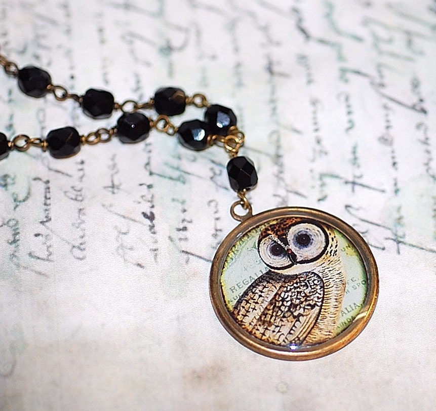 Owl  Gold Necklace Cameo Handmade onyx beads green Retro Art Shabby Chic