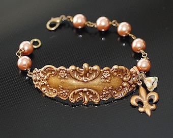 Pearls and Ornate Fleur de Lis Bracelet