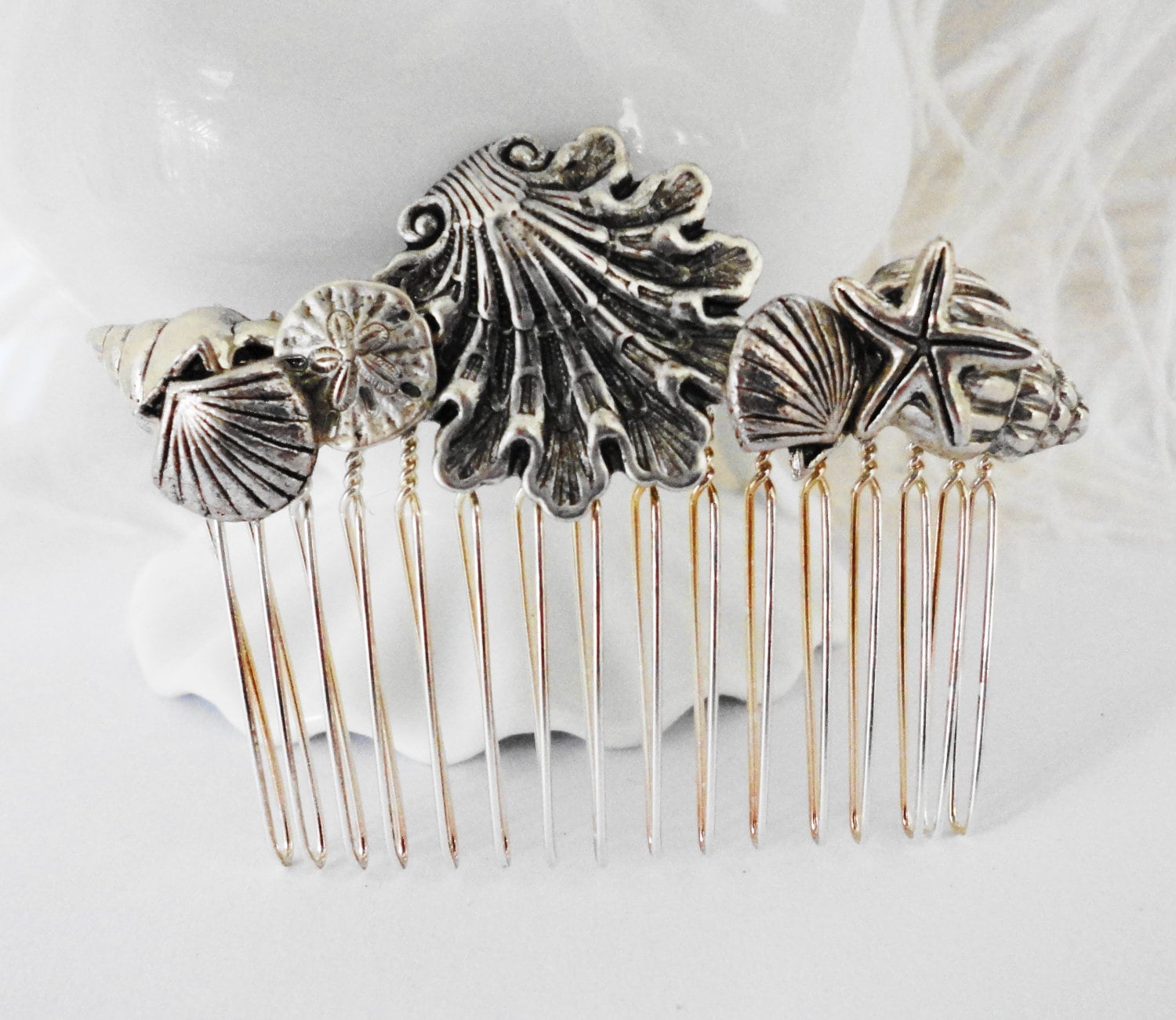 Vintage Silver Sea Shells Hair Comb: Beach Wedding Bridal  display picture 1