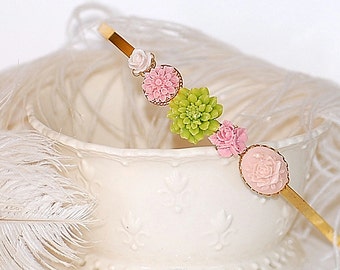 FREE SHIPPING Hairband HeadBand Cameo Flowers Pink Green 24K Gold Bridal Girly Shabby Chic Retro French Girl Blossoms French