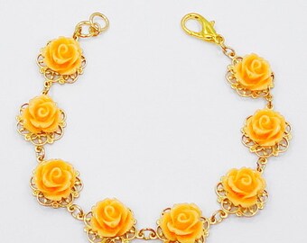 Free Shipping Bracelet  Orange Rose Blossom flower Hippie Gold Filigree shabby chic vintage style girly bridesmaids brides weddings