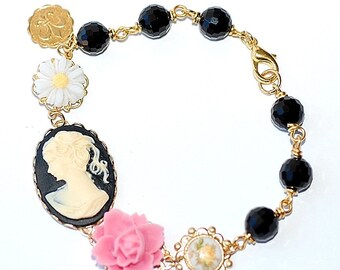 FREE SHIPPING Cameo Bracelet French Blossom Flowers Pink Black Shabby Chic Style Bridal Bridesmaids Weddings Onyx Beads Gold