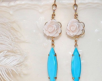 FREE SHIPPING Estate  Earrings Bridal Rhinestones flower blush turquoise  Old Hollywood Glass Vintage Jewel Earrings SHabby Chic Style