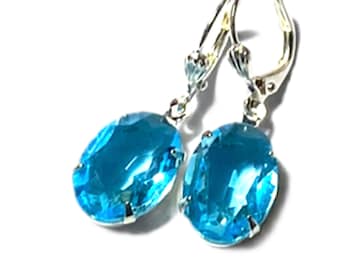 Aquamarine - Vintage Swarovski-  Crystal earrings - Pale blue green - Estate Style - Small Dainty - Dangle - Everyday Earrings - Leverback