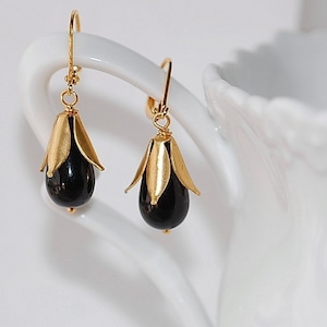 Black Jet Crystal vintage Drop Earrings Classic Evening Wedding Bridal Tulip flower blossom