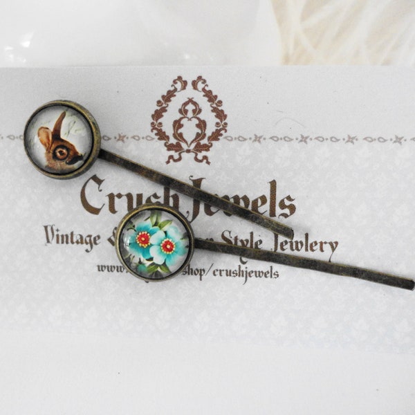 Rabbit and Posie Bronze Cameo Barrettes Bobby pins girly shabby Style Cute Brass Glass Handmade Mustache Bunny Blue Flowers