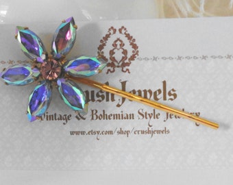 FREE SHIPPING Barrette Vintage Crystal glass jewels Hair barrette Flower blue feminine shabby chic bridal wedding romantic victorian