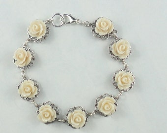 FREE SHIPPING Petite Blush Rose Bracelet Silver Filigree Off white  Blush Shabby Chic Girly Bridal Bride Wedding