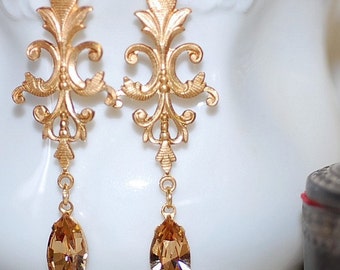 FREE SHIPPING Vintage Topaz Jeweled Gold  Filigree Earrings  Evenings Weddings Bridal Classic
