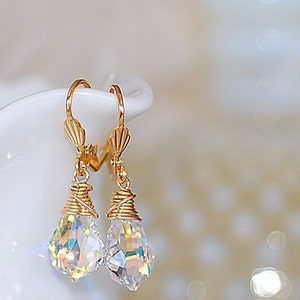Vermeil Gold Earrings Wrapped Swarovski Crystal Wedding Bride Bridal  Elegant clear AB  Special Day Dainty Drop