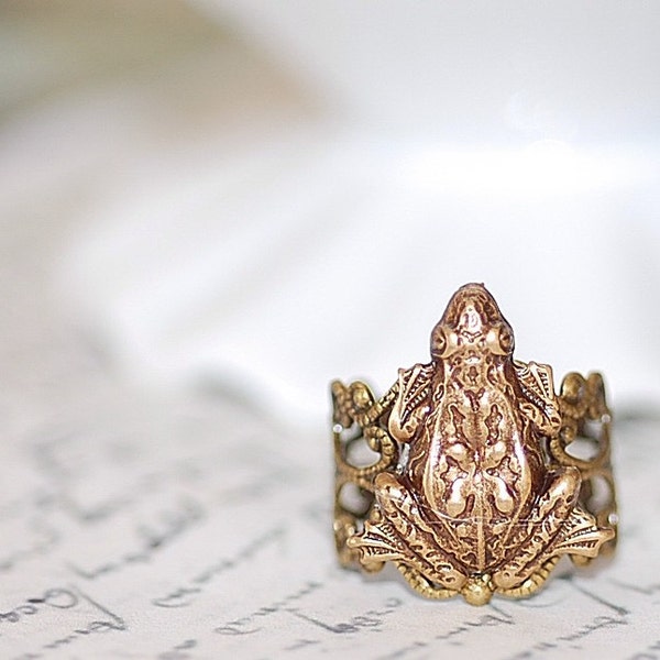 Frog Ring  -Antiqued Brass Ring -Silver Frog -Good luck -Travel