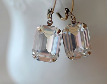 FREE Shipping Estate Vintage Clear Swarovski Earrings Emerald Cut Large Classic Evening Weddings Bridal Special Occassion