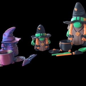 Witch Gnome Figure ~ 3D Printed Articulated ~ Includes Cauldron, Spoon & Broom ~ Halloween Decor ~ Gift