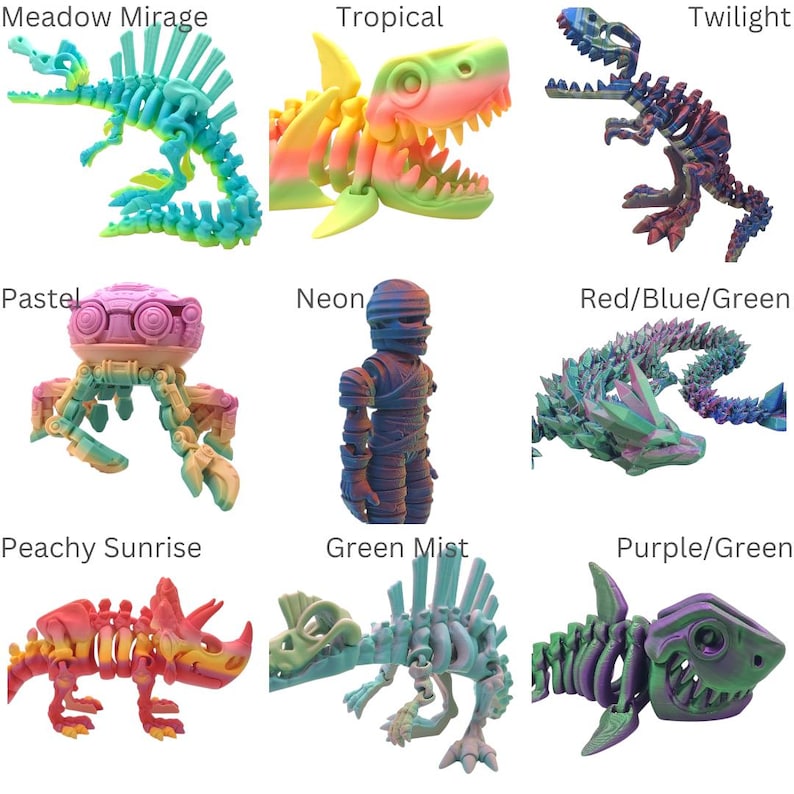 Op de afbeelding: Negen 3D-geprinte plastic dinosaurus- en dierskeletten in verschillende kleurverlopen. De skeletten zijn gerangschikt in een raster van drie rijen en drie kolommen. De kleuren omvatten pastel, neon, rood, blauw, groen, paars, perzik, geel en turquoise.