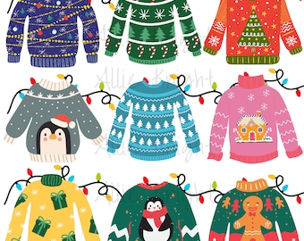 May include: Nine different Christmas sweater designs with various holiday themes. The sweaters are decorated with penguins, gingerbread men, Christmas trees, presents, and candy canes. The sweaters are all in different colors and patterns.