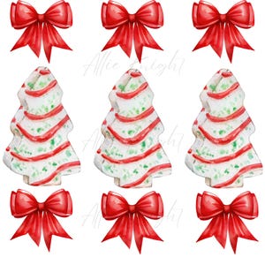Peut inclure: Un pack de papier numérique avec trois illustrations aquarelle de sapins de Noël décorés de rayures rouges et blanches et de pépites vertes. Le pack comprend également trois nœuds rouges.