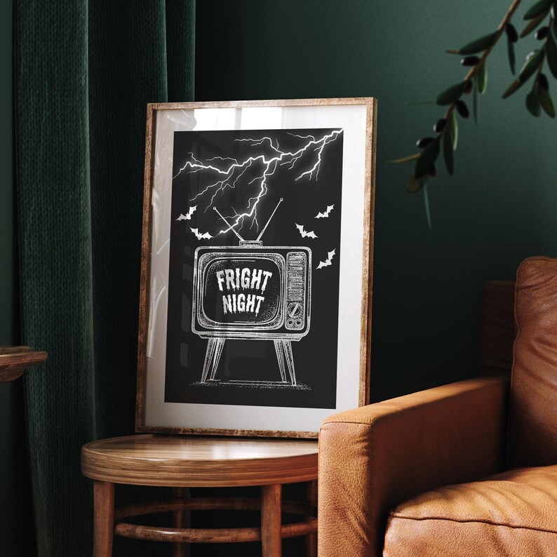 Fright night - retro tv poster: seasonal decor, fall wall art, spooky vibes print, halloween poster, autumnal home decor gift, spooky art afbeelding 1