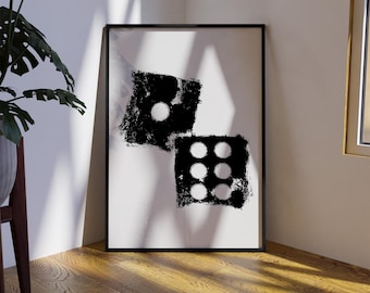 Distressed dice poster: abstract dice print, minimalist black & white wall home decor, trendy game room wall art, modern art home decor