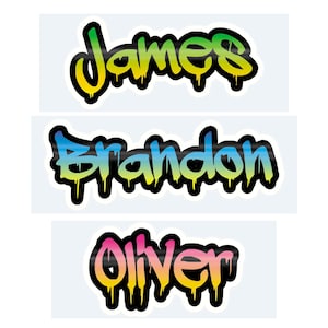 May include: Three stickers featuring names in a graffiti style. The names are "James", "Brandon", and "Oliver". Each name has a different colour scheme, with a black outline and dripping paint effect. The background is white.