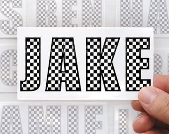 Personalised Name Sticker | Black & White Checkered Custom Vinyl | Alt Skater Aesthetic Waterproof Label for Bottle Lunchbox or Bike