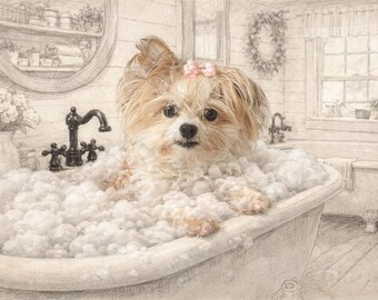 Impression numérique | Adorable chiot Morkie dans une baignoire avec bulles dans un décor de ferme | Impression de style Sketch | 16 pouces par 11 pouces