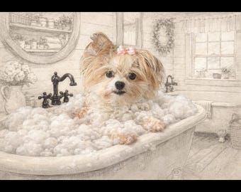 Impression numérique | Adorable chiot Morkie dans une baignoire avec bulles dans un décor de ferme | Impression de style Sketch | 20 pouces par 14 pouces