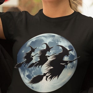 Broomstick Witches in Flight T-Shirt | Gift for Halloween | Funny & Amusing Witch on Broomstick Moon Design