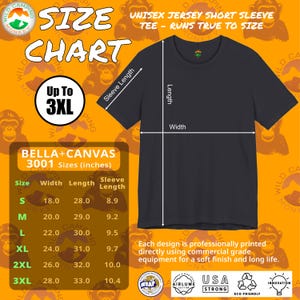 Wild Camping Monkey Etsy Shop, Bella and Canvas 3001 Size chart