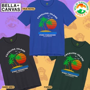 Wild Camping Monkey Etsy Shop, Bella and Canvas 3001, Catalina Island Tee in Dark Grey, True Royal Blue and Forest Green