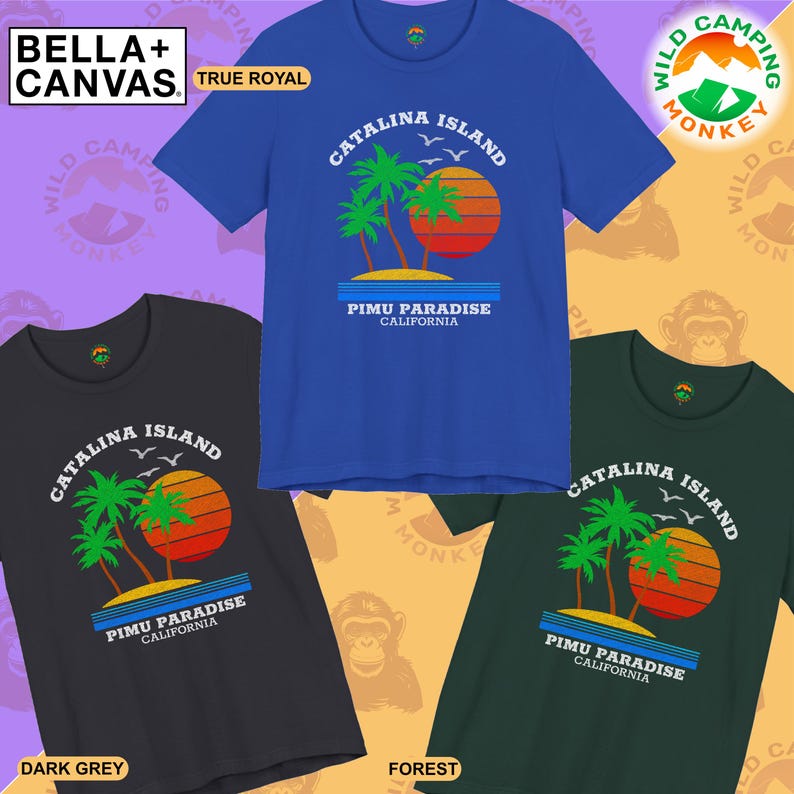 Wild Camping Monkey Etsy Shop, Bella and Canvas 3001, Catalina Island Tee in Dark Grey, True Royal Blue and Forest Green