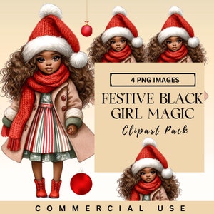 Uroczy świąteczny czarny dziewczyna magiczny clipart Xmas teraz clipart przezroczysty PNG zimowe postacie PNG przezroczysty SVG akwarela czapka Mikołaja