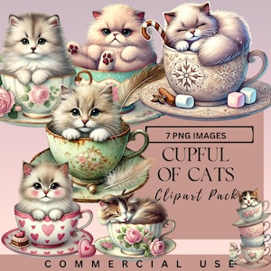 Classico acquerello gatto PNG, gatti tazza da tè, bundle acquerello animali domestici Clipart, disegni di sublimazione di gatti, download digitale, animali domestici a tema PNG, arte