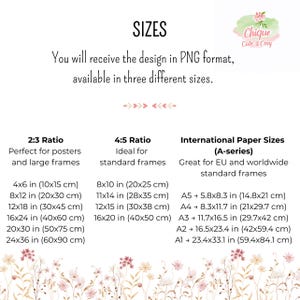 May include: A graphic with text detailing sizes for PNG format designs. Includes 2:3, 4:5, and International Paper Sizes (A-series) with dimensions in inches and centimeters. The image has a floral border and a logo that says "Chique Cute & Cosy."