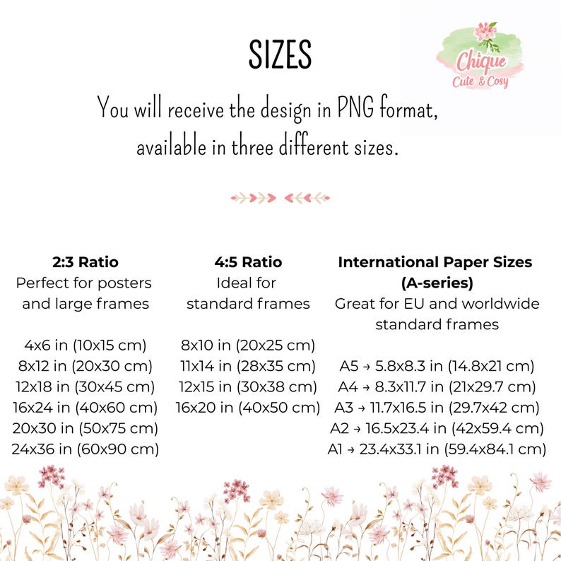 May include: A graphic with text detailing sizes for PNG format designs. Includes 2:3, 4:5, and International Paper Sizes (A-series) with dimensions in inches and centimeters. The image has a floral border and a logo that says "Chique Cute & Cosy."
