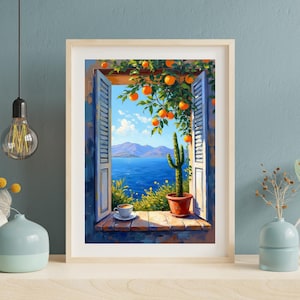 Digital wall art illustration of a Mediterranean coastal view through open blue shutters, featuring a vibrant orange tree, cactus in terracotta pot, coffee cup on a rustic windowsill, overlooking the blue ocean and distant mountains, perfect printable summer home decor.