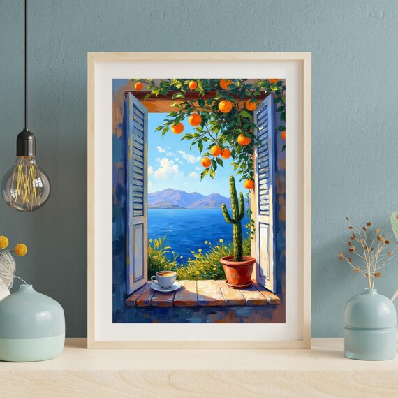 Mediterranean Wall Art Printable | Orange Tree & Ocean View Window Art | Coastal Landscape Digital Download | Tuscan Summer Home Decor